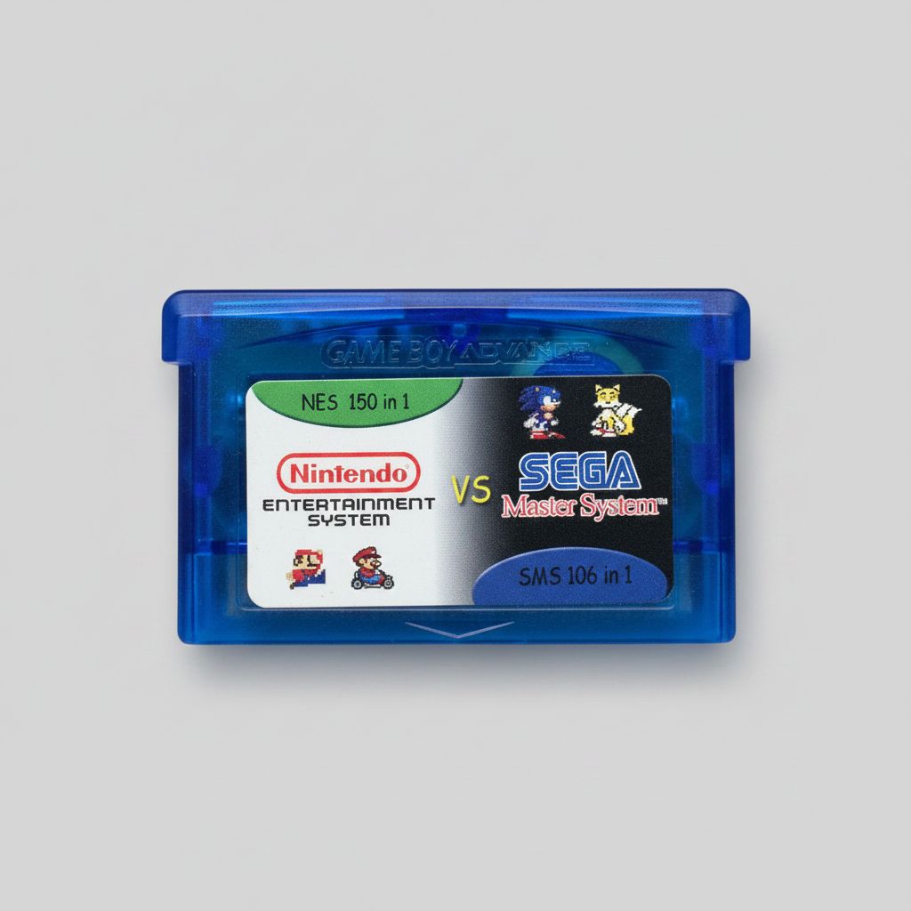 NES vs SEGA GBA Cartridge – 256 Classic Games (150 NES/106 SEGA) Blue translucent shell.