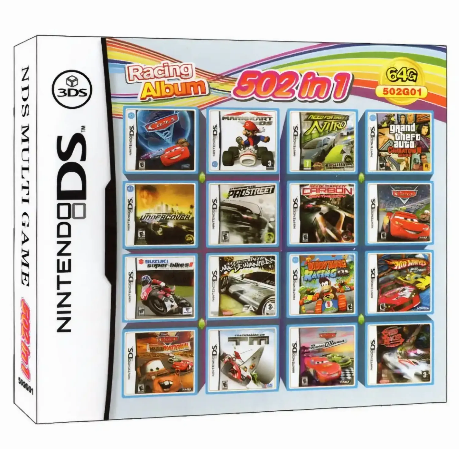Nintendo DS 502-in-1 Racing Album multi-game box featuring Mario Kart and race car artwork