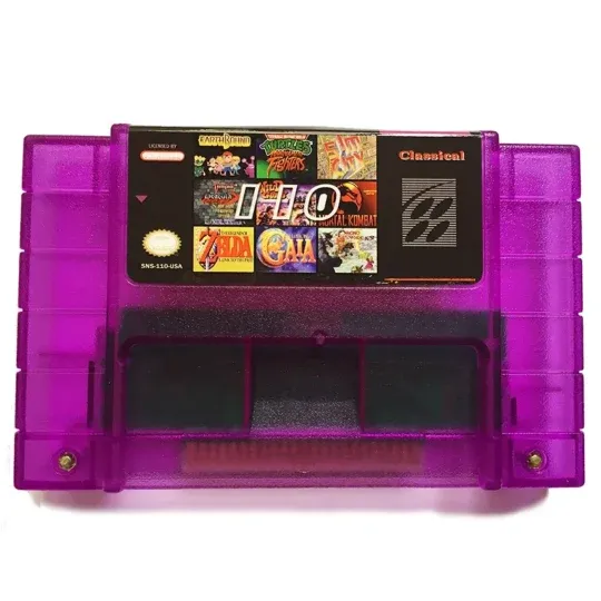 SNES 110-in-1 multi-game cartridge featuring classic purple label artwork
