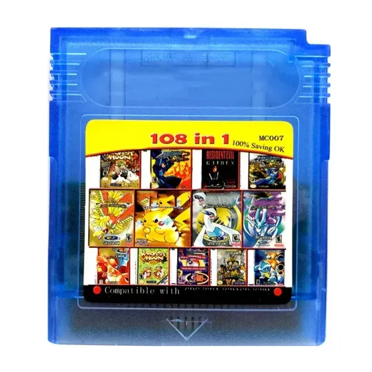 New translucent blue Game Boy Color 108-in-1 Cartridge with multi-game art label featuring Pokemon.