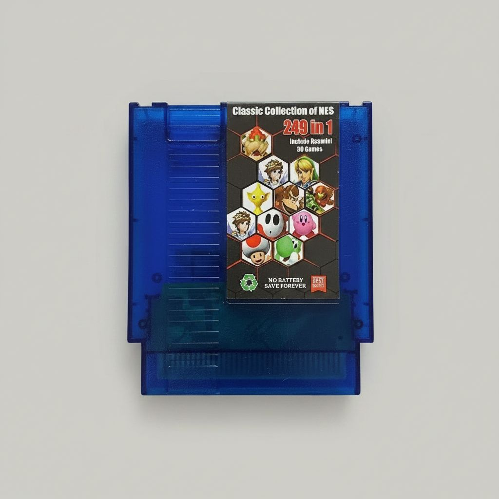 249 in 1 NES Multi-Cartridge featuring a custom label with various retro game characters