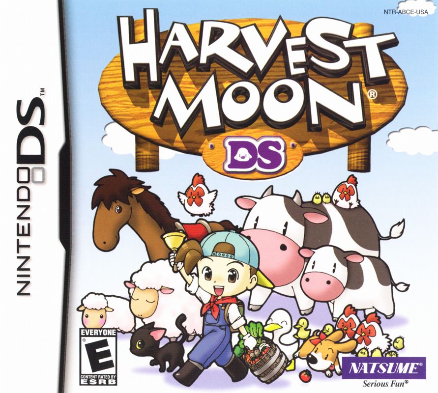 Front cover art for the Harvest Moon DS Nintendo DS game featuring a farmer surrounded by various farm animals