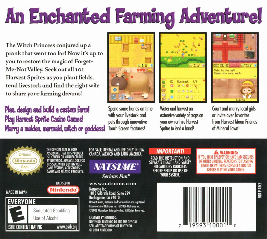 Back cover art for Harvest Moon DS on Nintendo DS featuring game descriptions, screenshots, and ESRB rating information