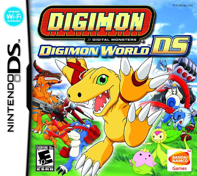 Front cover art for the Digimon World DS Nintendo DS game featuring various digital monsters on a blue sky background