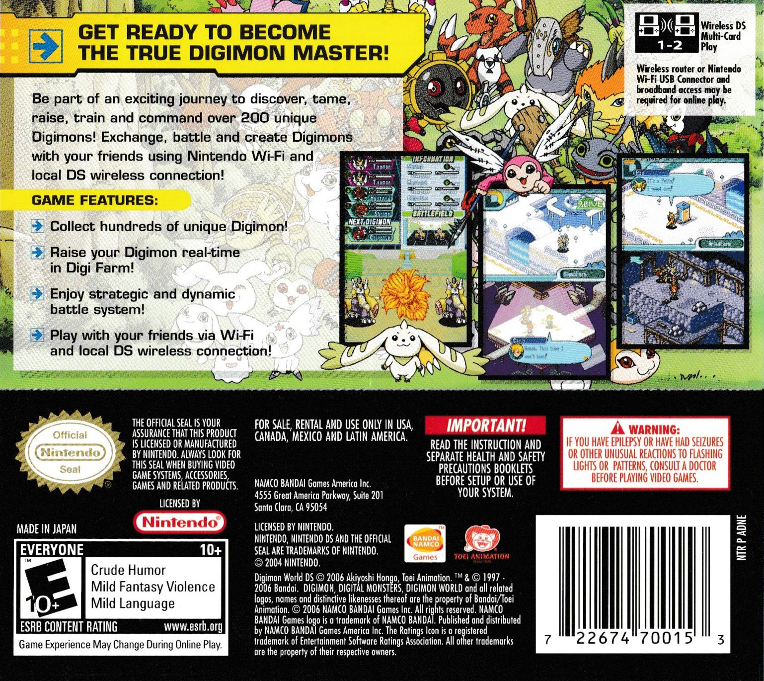 Back cover art for Digimon World DS for Nintendo DS featuring game screenshots, feature descriptions, and ESRB rating