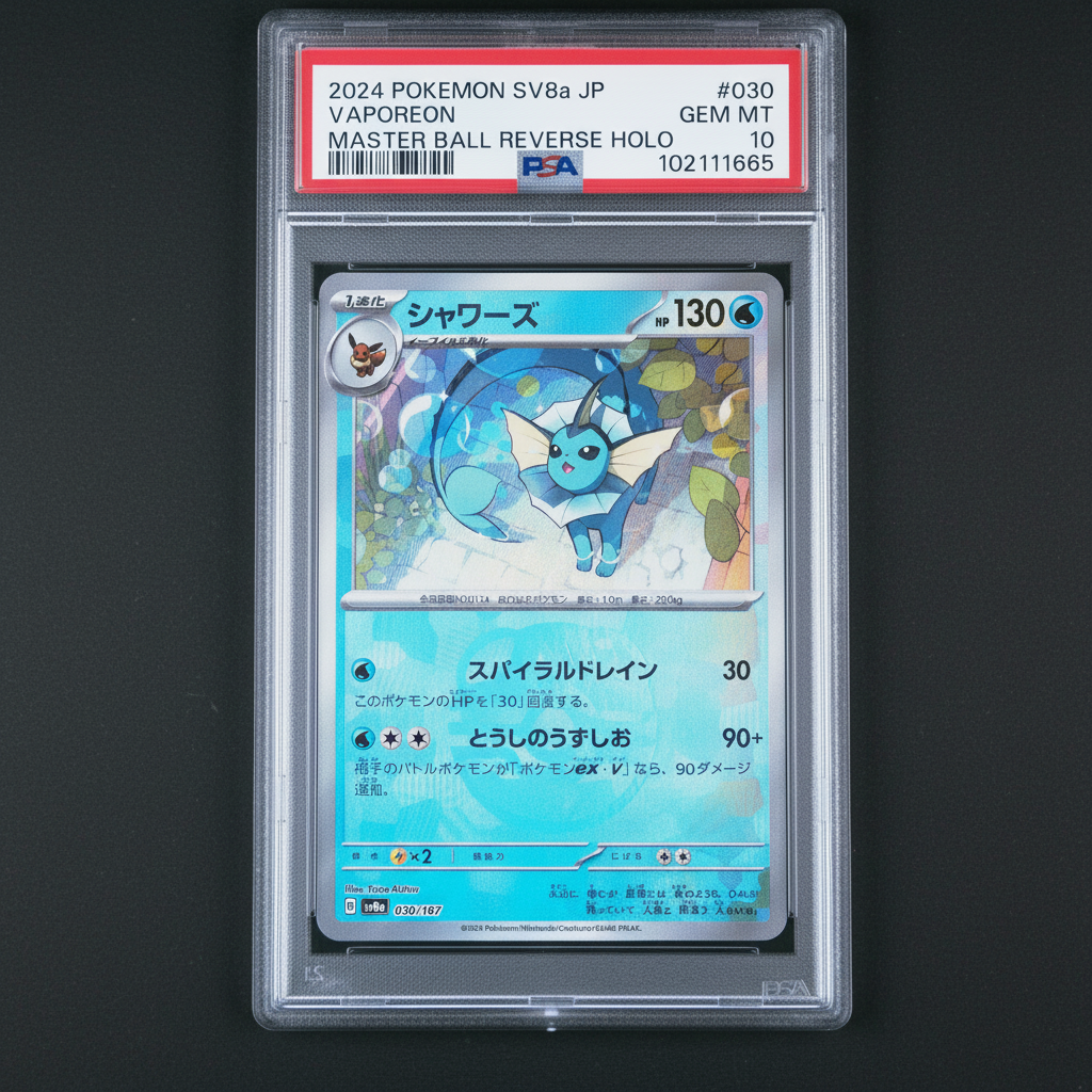 Graded PSA 10 Gem Mint Vaporeon 030/187 – 2024 Pokémon SV8a JP Master Ball Reverse Holo
