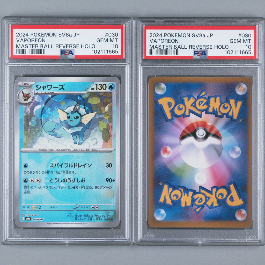 Graded PSA 10 Gem Mint Vaporeon 030/187 – 2024 Pokémon SV8a JP Master Ball Reverse Holo 3