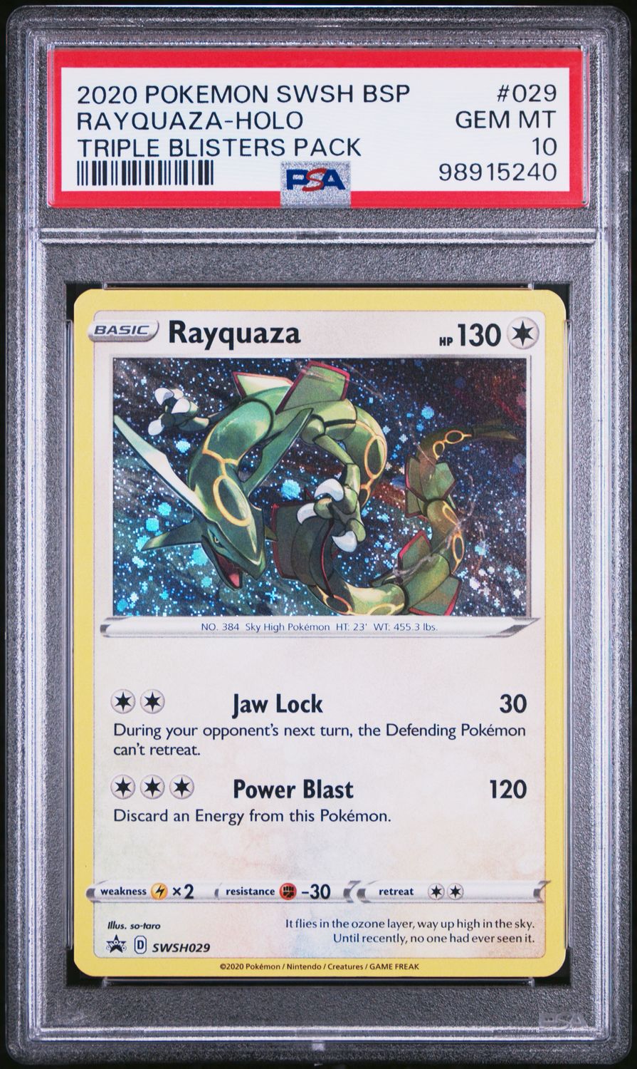 Graded PSA 10 Gem Mint Rayquaza-Holo SWSH029 – 2020 Pokémon SWSH BSP Triple Blisters Pack