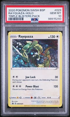 Graded PSA 10 Gem Mint Rayquaza-Holo SWSH029 – 2020 Pokémon SWSH BSP Triple Blisters Pack
