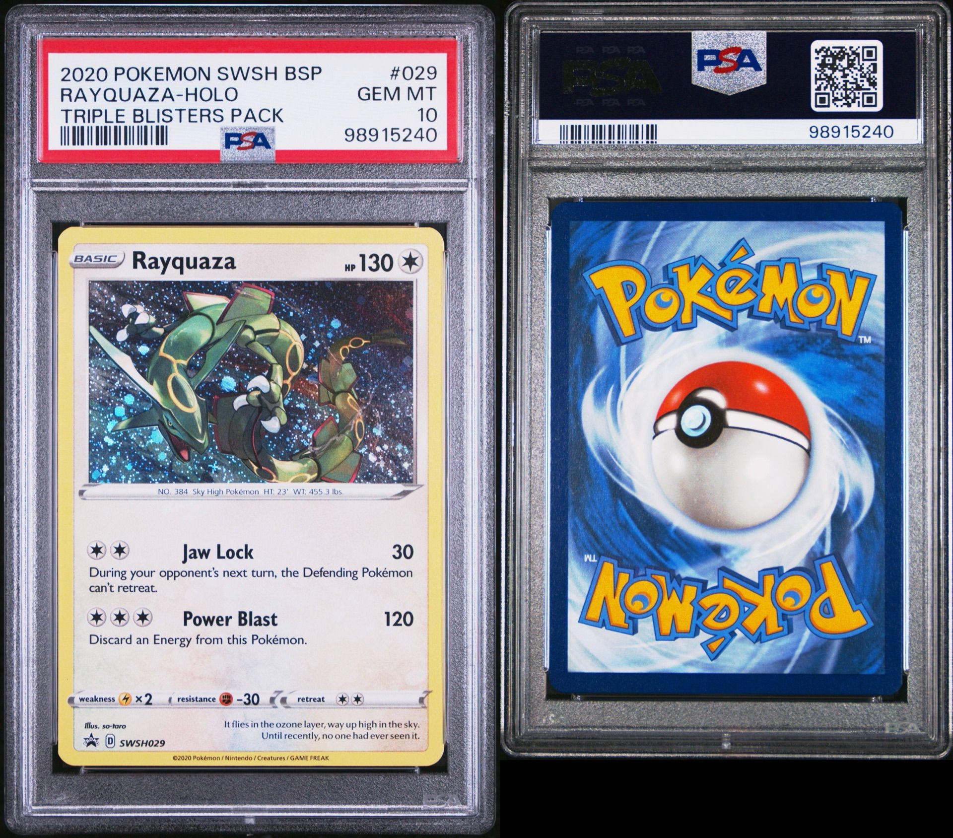 Graded PSA 10 Gem Mint Rayquaza-Holo SWSH029 – 2020 Pokémon SWSH BSP Triple Blisters Pack 3