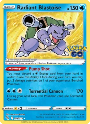Reference image of Radiant Blastoise #018/78 from Pokémon GO, a Radiant Rare Pokémon trading card, the official Pokémon TCG database photo.