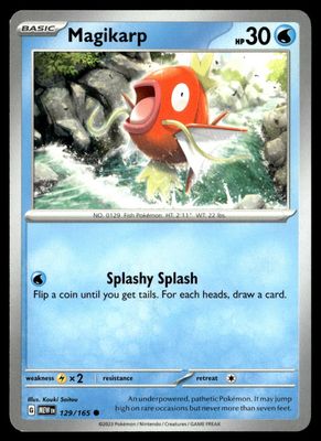 Front of Magikarp #129/165 from 151, a Common Pokémon trading card in Near Mint condition.