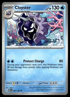 Front of Cloyster #091/165 from 151, a Uncommon Pokémon trading card in Near Mint condition.