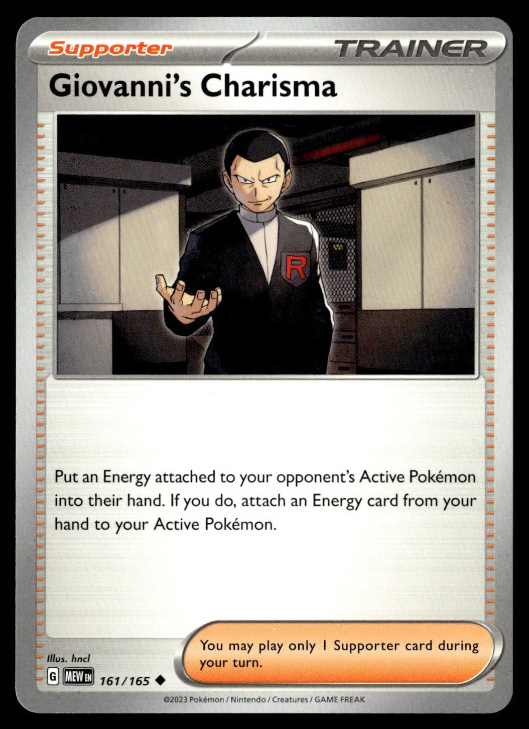Front of Giovanni's Charisma #161/165 from 151, a Uncommon Pokémon trading card in Near Mint condition.