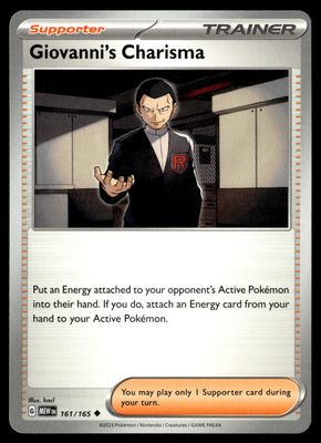 Front of Giovanni's Charisma #161/165 from 151, a Uncommon Pokémon trading card in Near Mint condition.