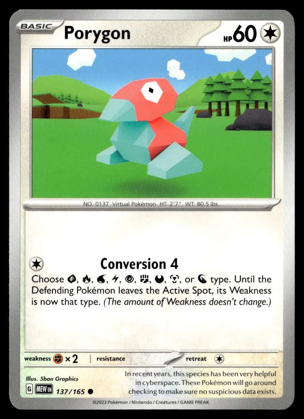 Front of Porygon #137/165 from 151, a Common Pokémon trading card in Near Mint condition.