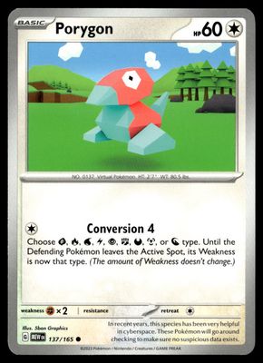 Front of Porygon #137/165 from 151, a Common Pokémon trading card in Near Mint condition.