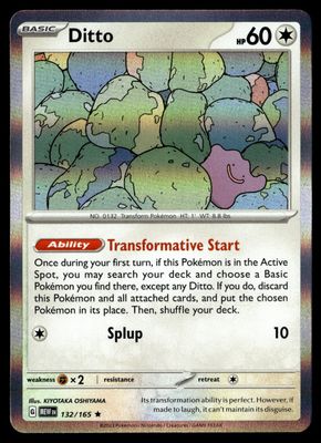 Front of Ditto #132/165 from 151, a Reverse Holo Rare Pokémon trading card in Near Mint condition.