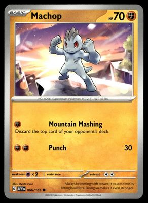 Front of Machop #066/165 from 151, a Common Pokémon trading card in Near Mint condition.