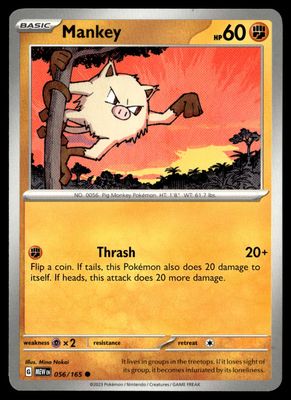 Front of Mankey #056/165 from 151, a Common Pokémon trading card in Near Mint condition.
