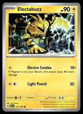 Front of Electabuzz #125/165 from 151, a Common Pokémon trading card in Near Mint condition.