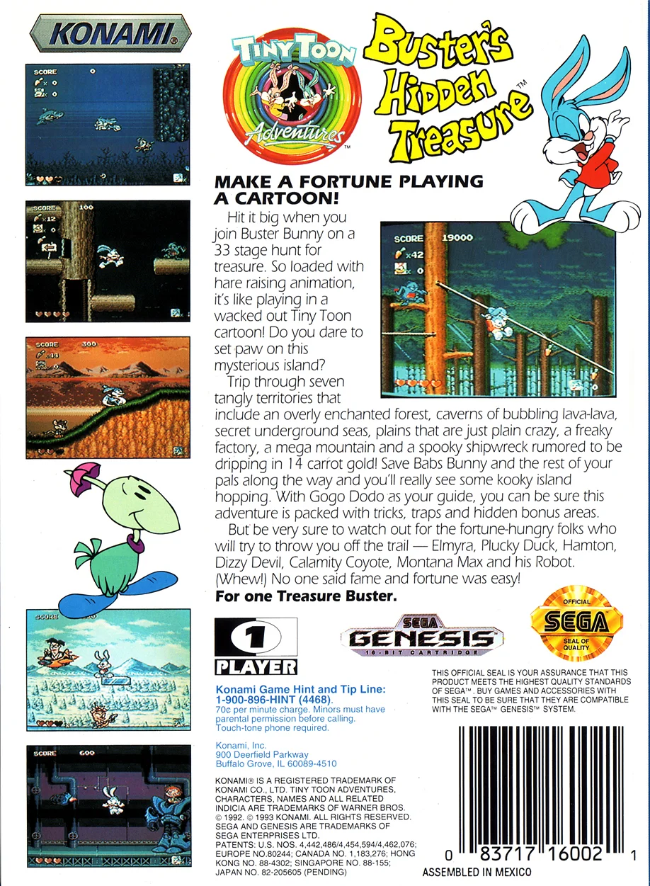 Tiny Toon Adventures: Buster's Hidden Treasure – Sega Mega Drive (SMD) Platformer Game back cover art