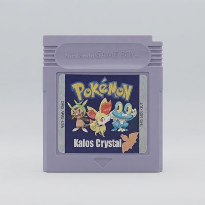 Front view of a purple Pokémon: Kalos Crystal fan-made Game Boy Color cartridge with Chespin, Fennekin, and Froakie