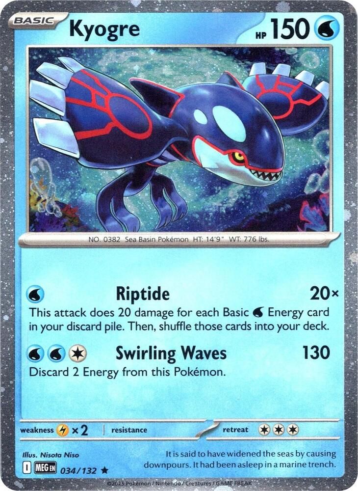 Front of Kyogre #034/132 from Mega Evolution, a Holo Rare Pokémon trading card in Near Mint condition.