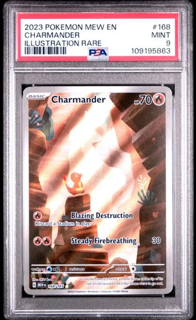 Front view of Graded Pokémon TCG: Charmander 168/165 – PSA 9 Mint (Pokémon 151).
