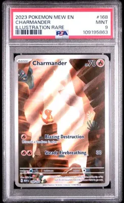Front view of Graded Pokémon TCG: Charmander 168/165 – PSA 9 Mint (Pokémon 151).