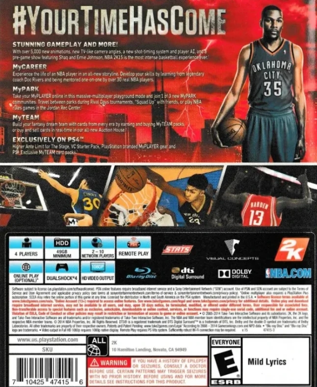 Back cover art of NBA 2K15 for PlayStation 4 featuring Kevin Durant and game feature descriptions on a red background