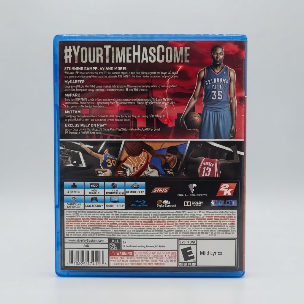 Back cover of the NBA 2K15 PlayStation 4 game case featuring Kevin Durant and game information