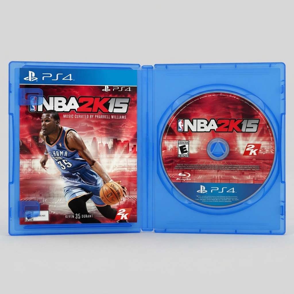 Open case for NBA 2K15 on PlayStation 4 showing the cover art with Kevin Durant and the game disc inside