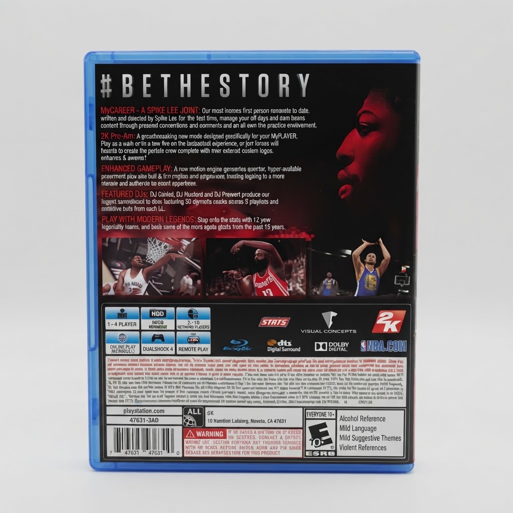 Back cover of NBA 2K16 for PlayStation 4 featuring game details, player imagery, and ESRB rating information
