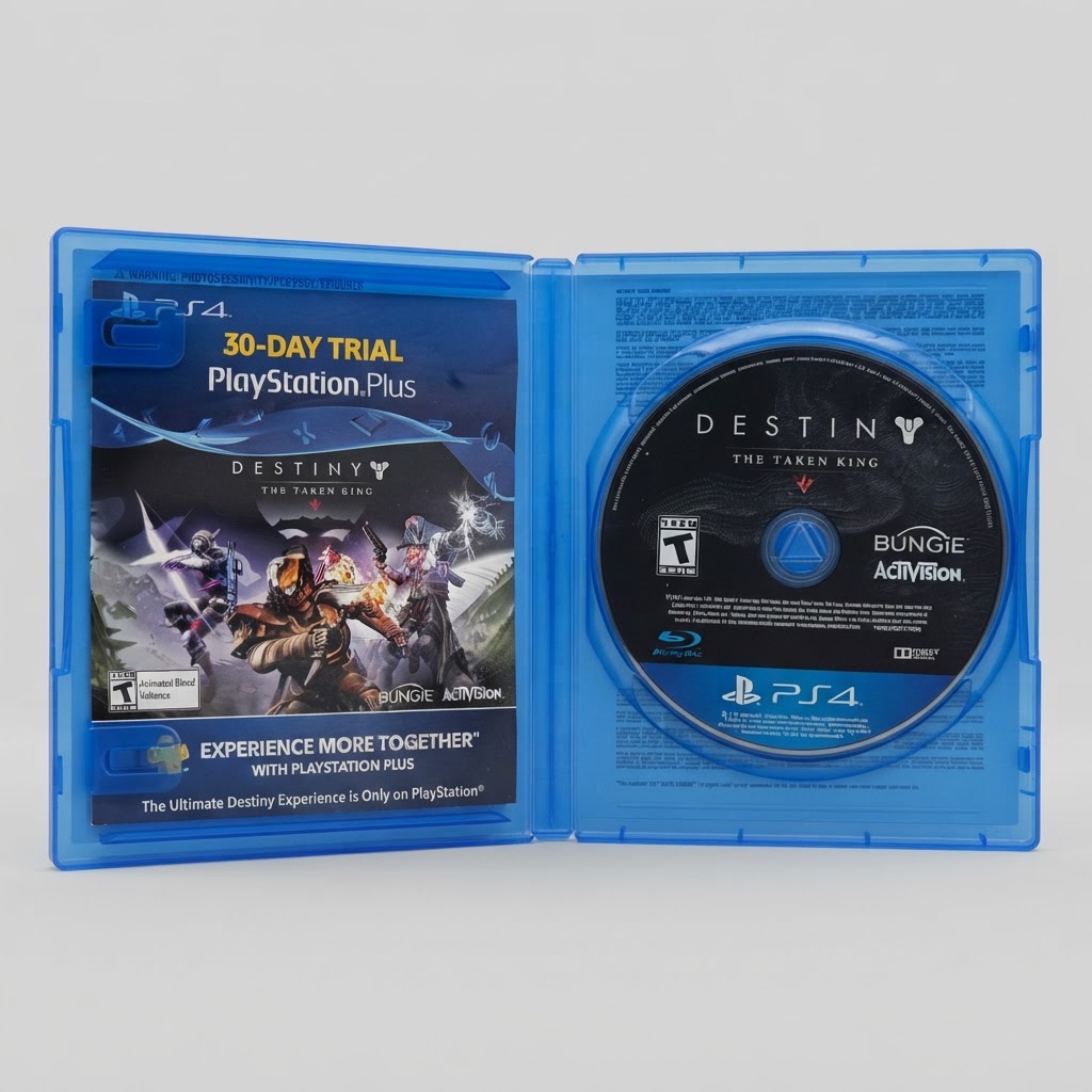 Open blue plastic case for Destiny: The Taken King Legendary Edition on PS4 with the game disc and insert inside