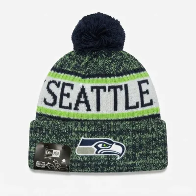 Front view of Seattle Seahawks New Era On-Field Pom Beanie.