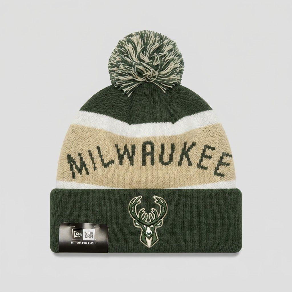 Front view of New Era New Era Milwaukee Bucks NBA Pom Beanie - New with Tags (2026) in New with Tags condition.