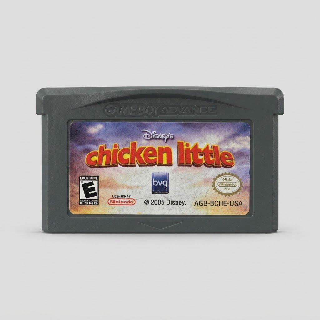 Front of a grey Disney's Chicken Little Game Boy Advance game cartridge with a red and orange title logo