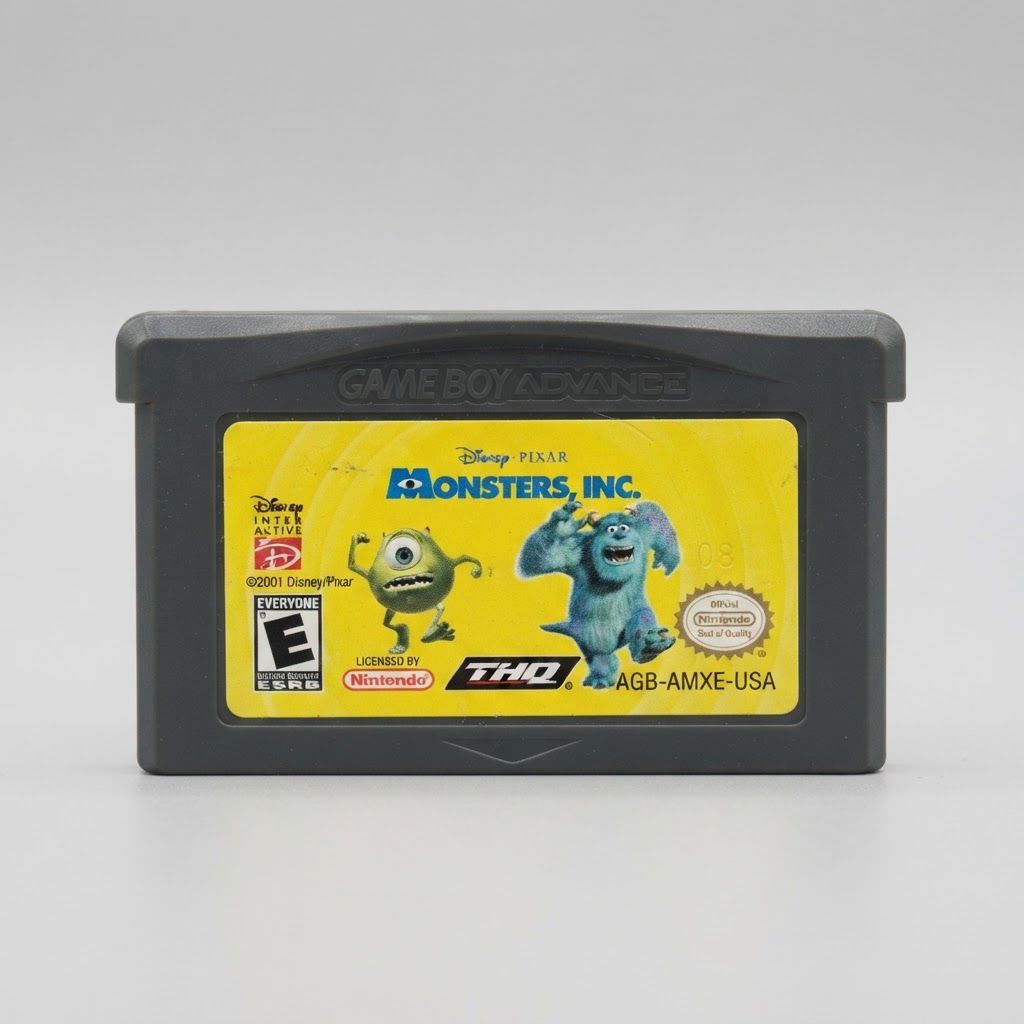 Front of a Disney Pixar Monsters, Inc. Game Boy Advance cartridge with Mike and Sulley on a yellow label