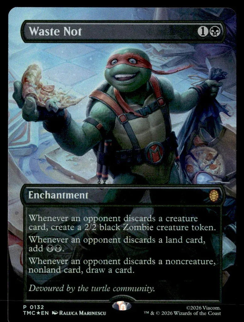 Front of Waste Not #132 from Teenage Mutant Ninja Turtles Eternal, a foil Mythic Rare Magic: The Gathering card in Near Mint condition.