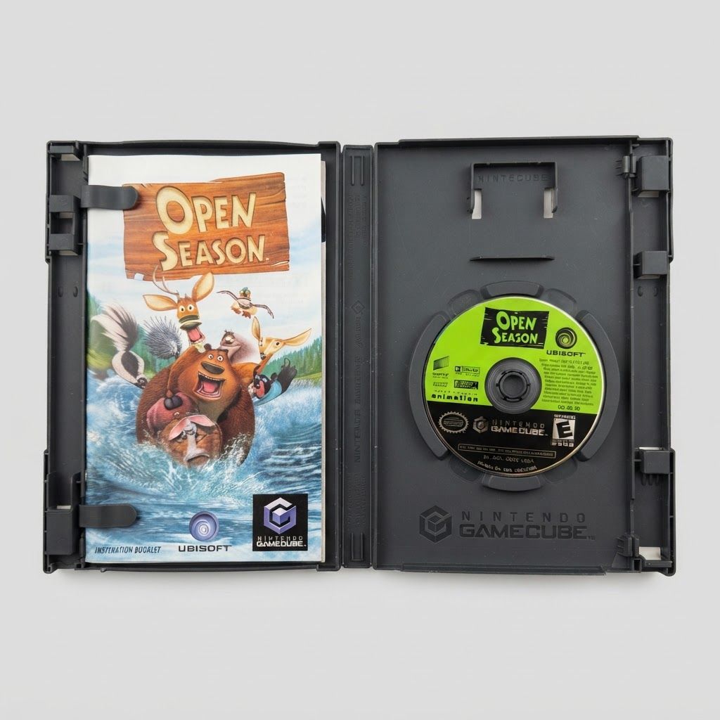 Inside view of Open Season for GameCube showing the illustrated manual and green disc within the black case