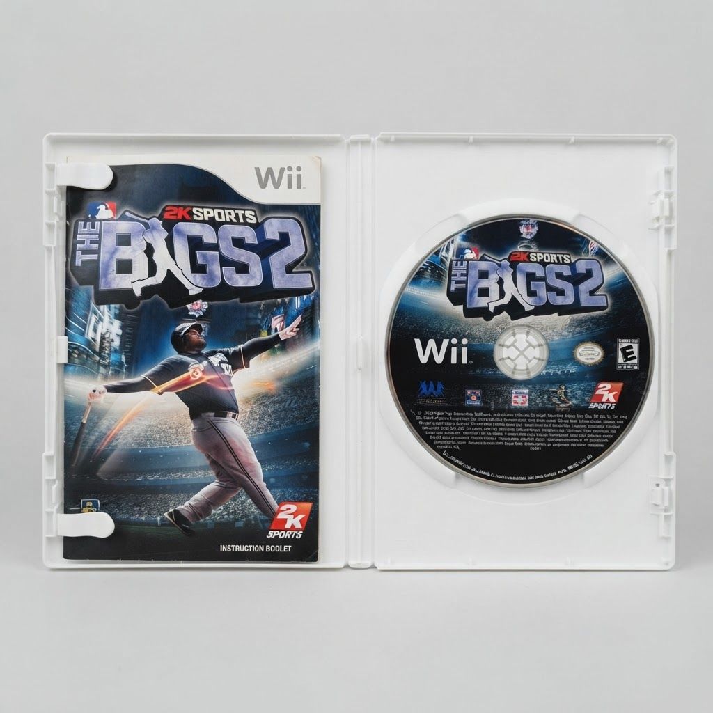 Open white case for The Bigs 2 on Nintendo Wii showing the game disc and instruction booklet with 2K Sports branding