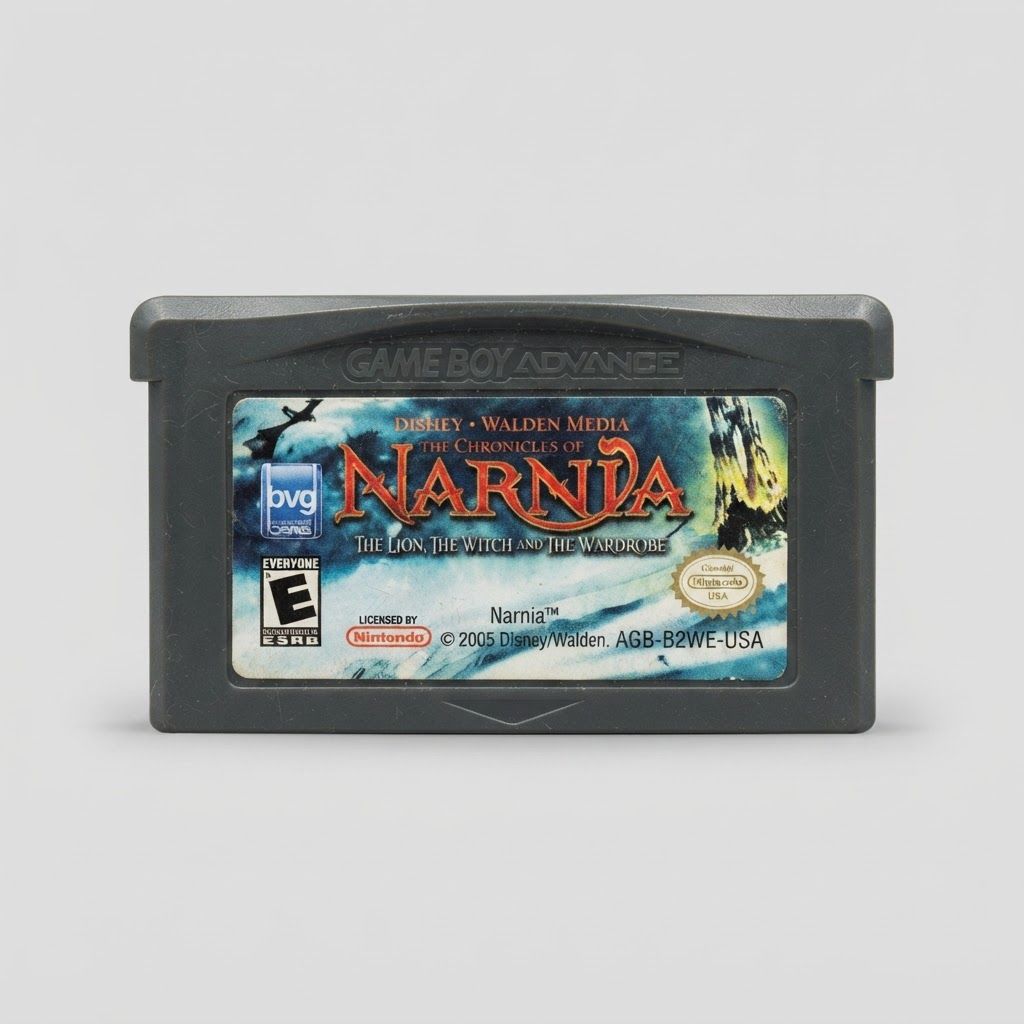 Front label of The Chronicles of Narnia: The Lion, the Witch, and the Wardrobe on a scuffed Game Boy Advance cartridge