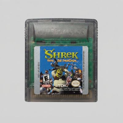 Front view of the Shrek: Fairy Tale Freakdown Game Boy Color cartridge in translucent gray with an illustrated label