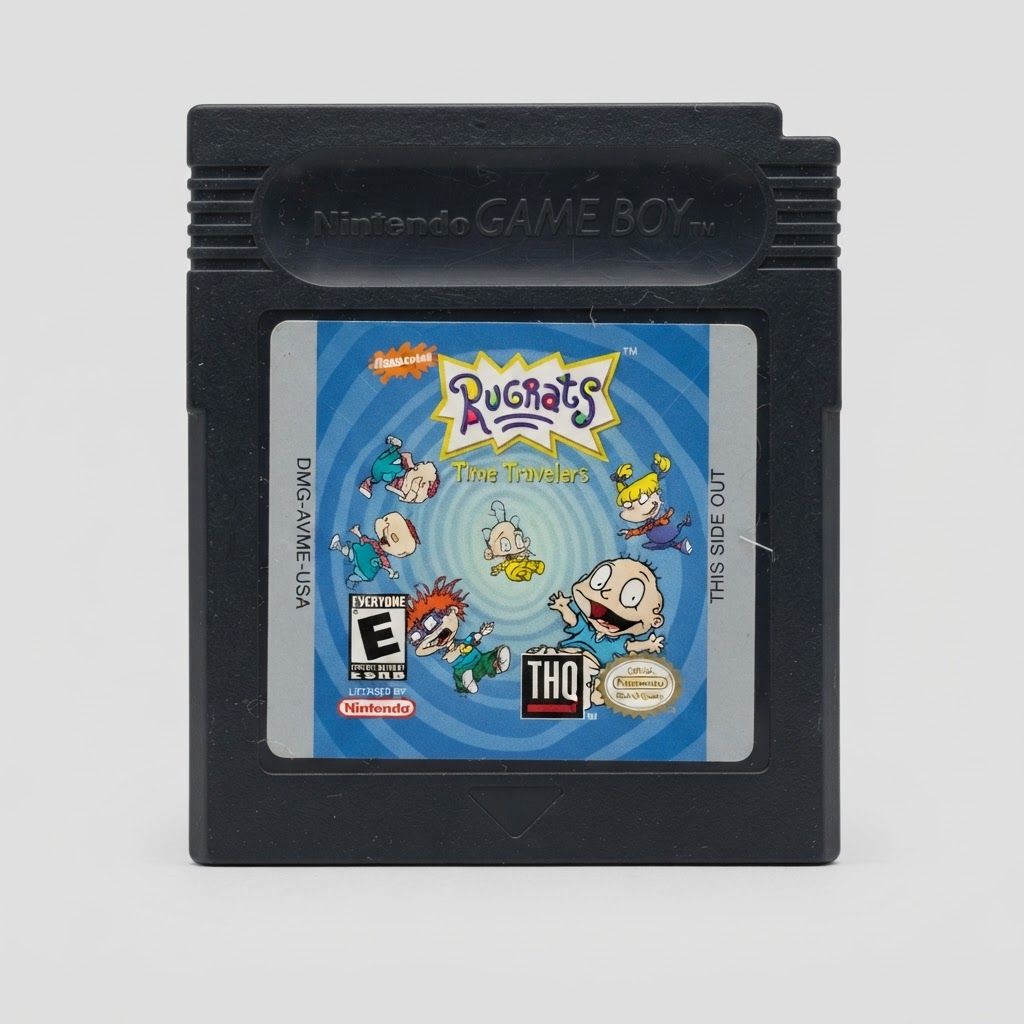 Front view of the black Rugrats: Time Travelers cartridge for Game Boy Color with an illustrated blue label