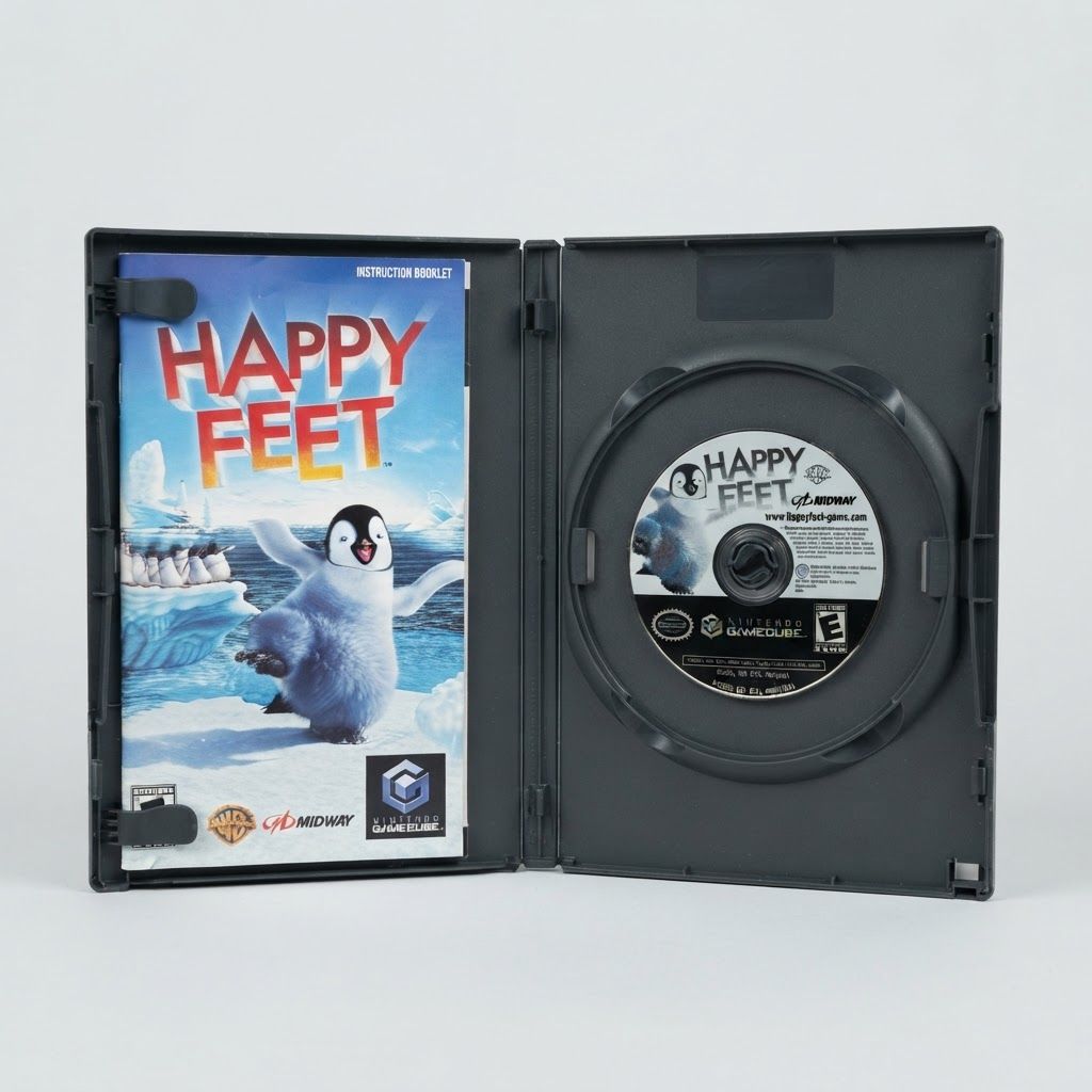 Open Nintendo GameCube case showing the Happy Feet game disc and instruction booklet