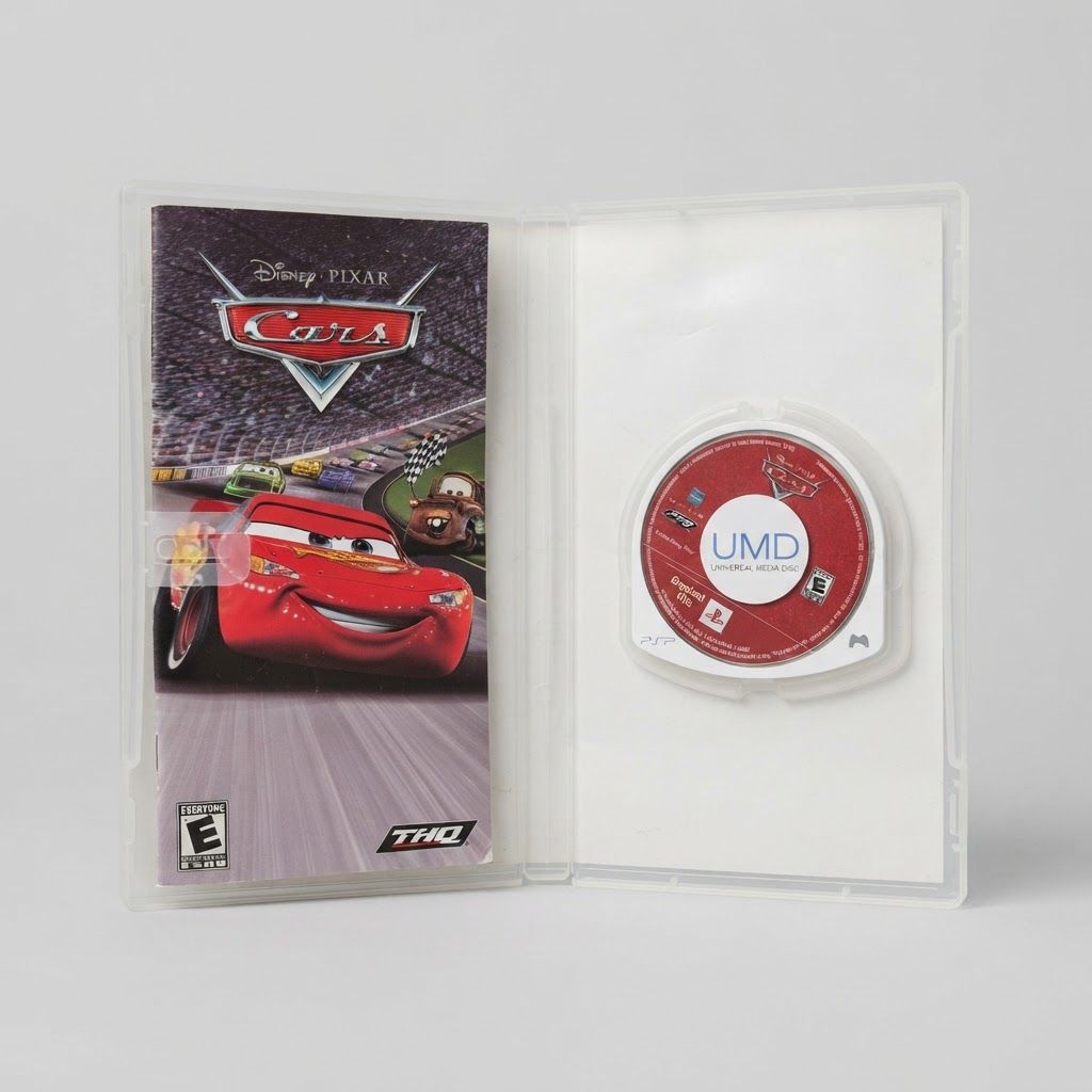 Open case for Pixar Cars on PSP containing the instruction manual and red UMD game disc