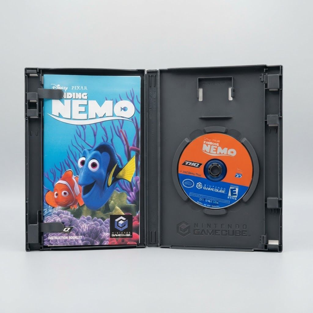 Finding Nemo: The Video Game for Nintendo GameCube open case showing the blue instruction manual and orange disc
