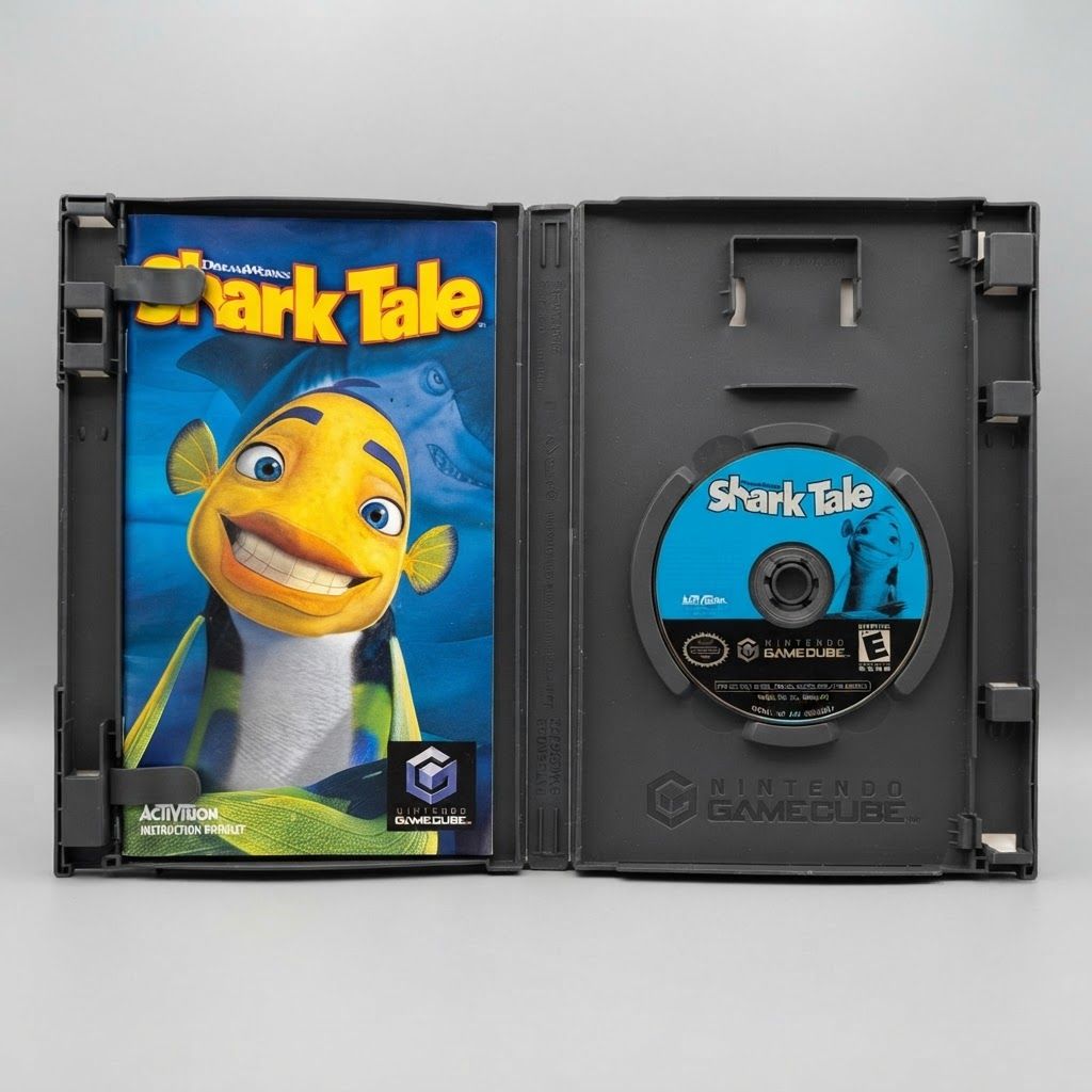Open black case for DreamWorks Shark Tale on Nintendo GameCube showing the instruction manual and blue game disc