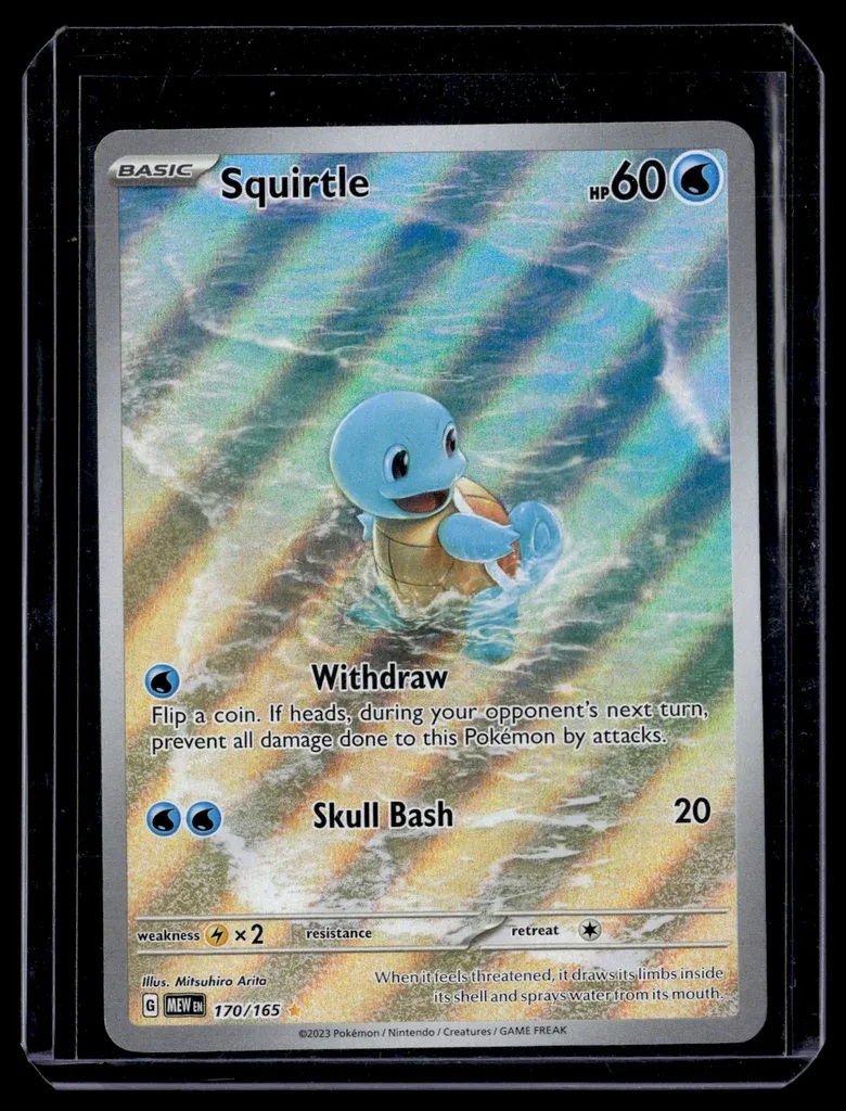 Front of Squirtle #170/165 from 151, a Holo Illustration rare Pokémon trading card in Near Mint condition.
